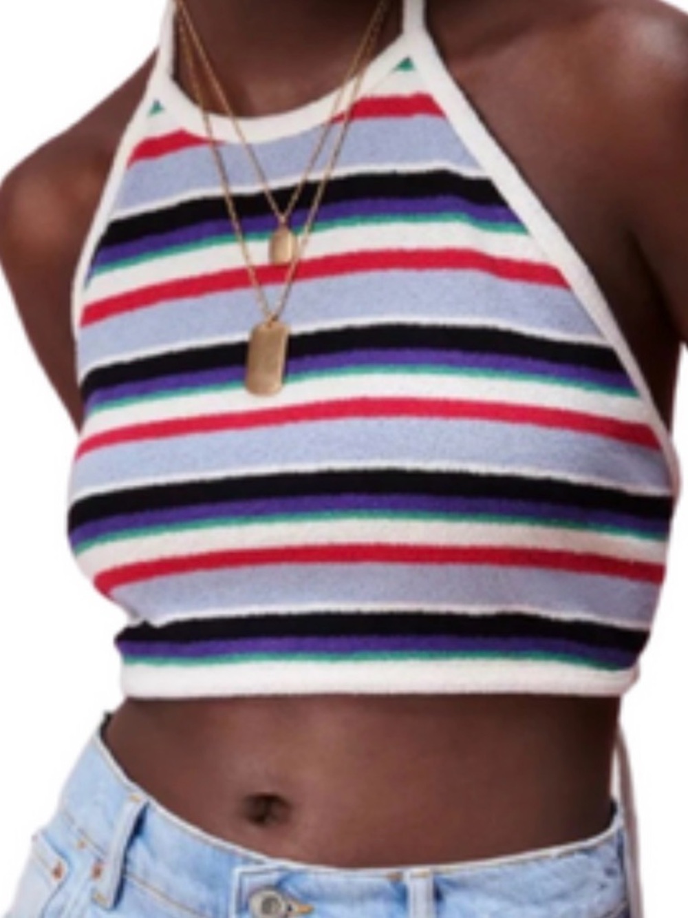Zara Multicolor Striped Crochet Halter Crop Top - White Trim